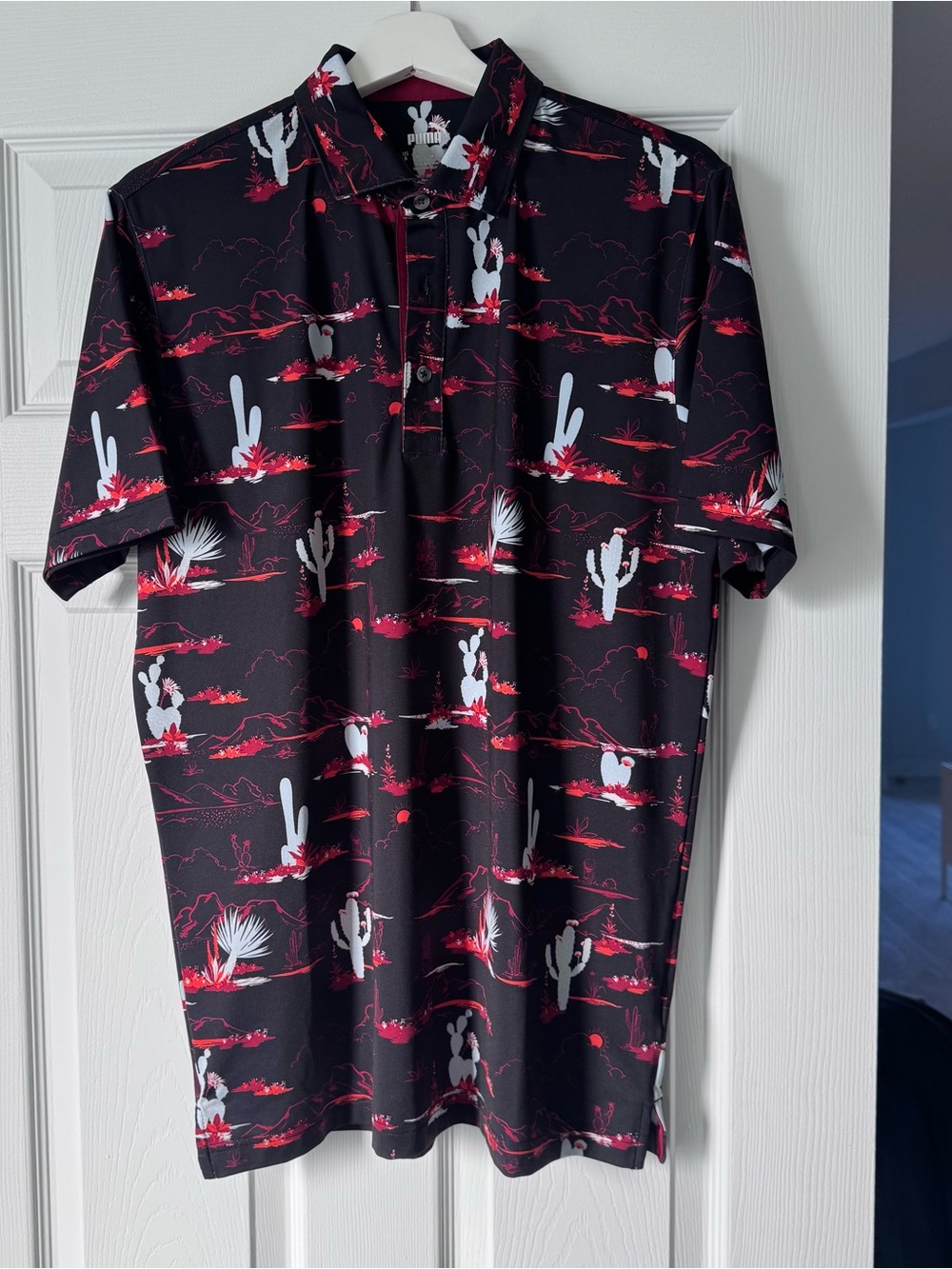 Puma Black Polo with Red and White Cactus Print